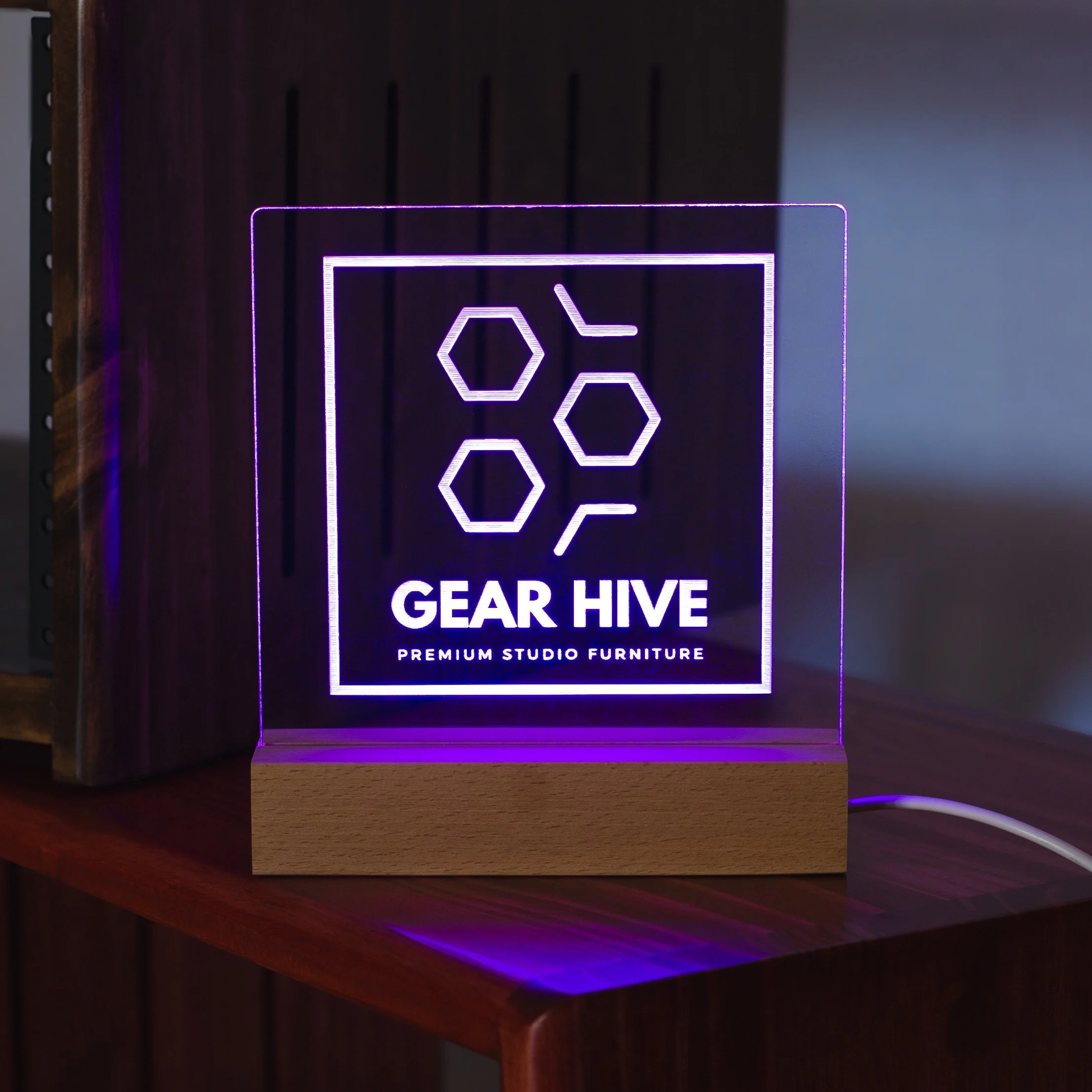 Custom LED-Lit Acrylic Sign — Gear Hive Studio Racks